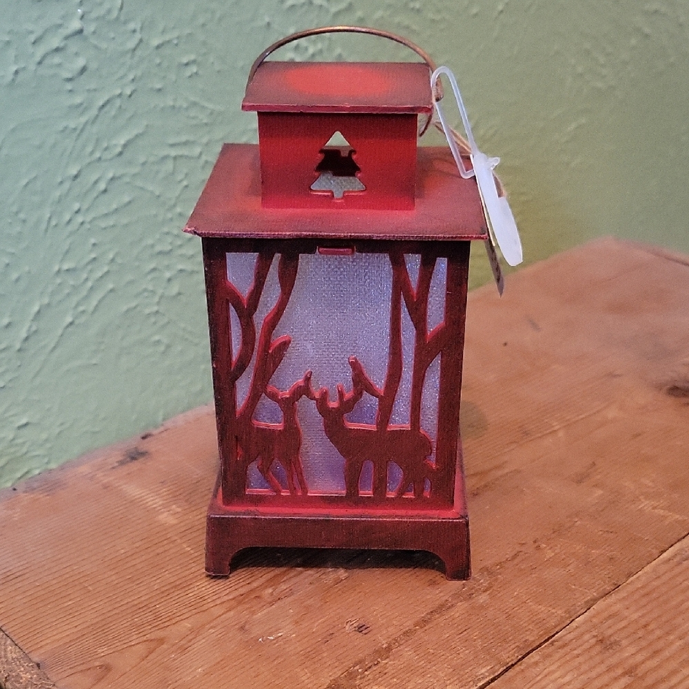Rustic Red Lantern with Deer Design